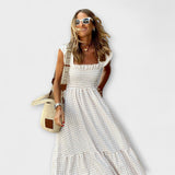 Kostkované maxi šaty s volánovými rukávy