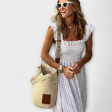 Kostkované maxi šaty s volánovými rukávy