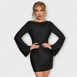 Šaty bez zad s flitry a dlouhými rukávy