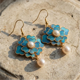 Vintage drop earrings with pearls and blue lotuses