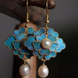 Vintage drop earrings with pearls and blue lotuses